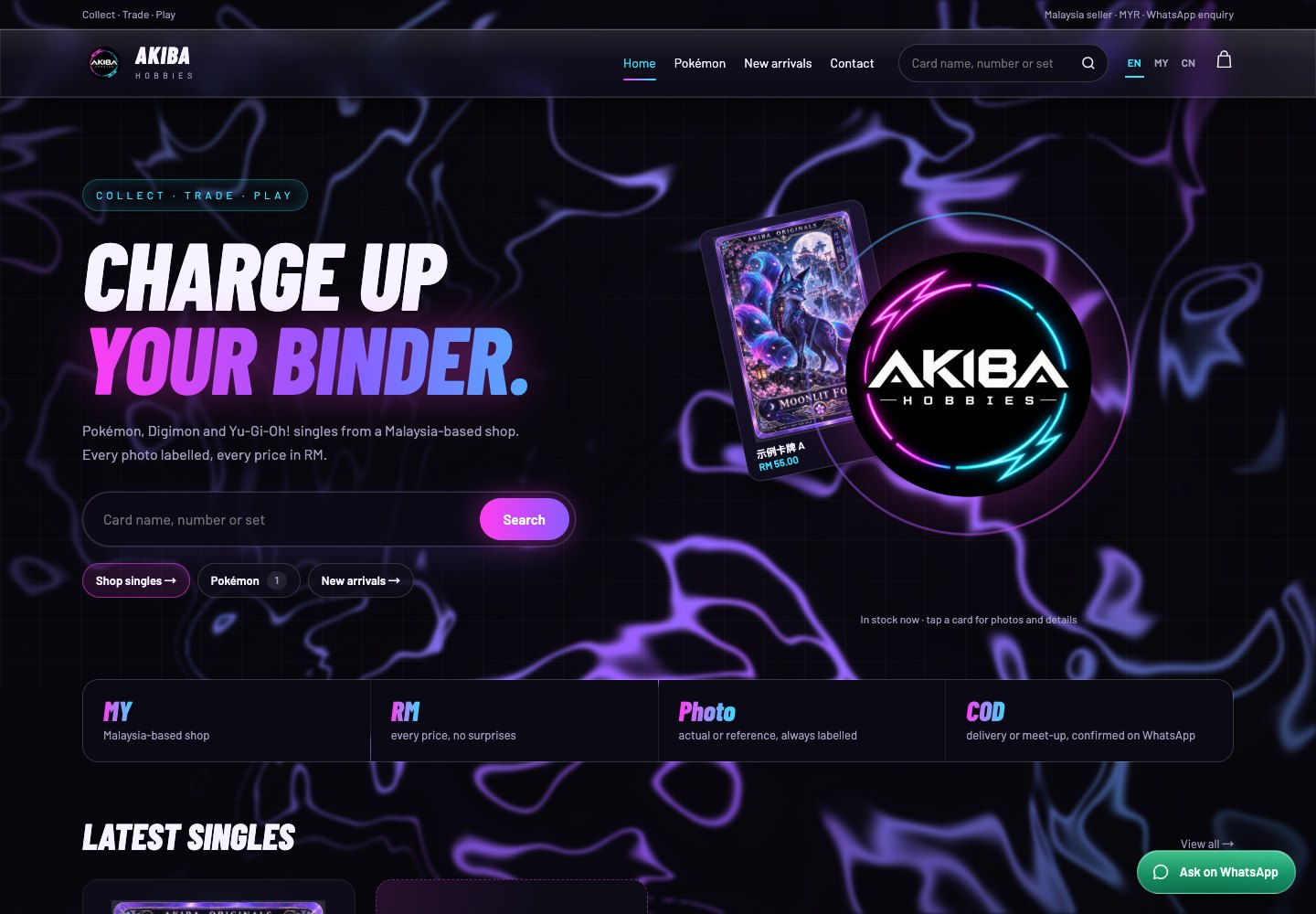 AKIBA HOBBIES multilingual trading card storefront homepage