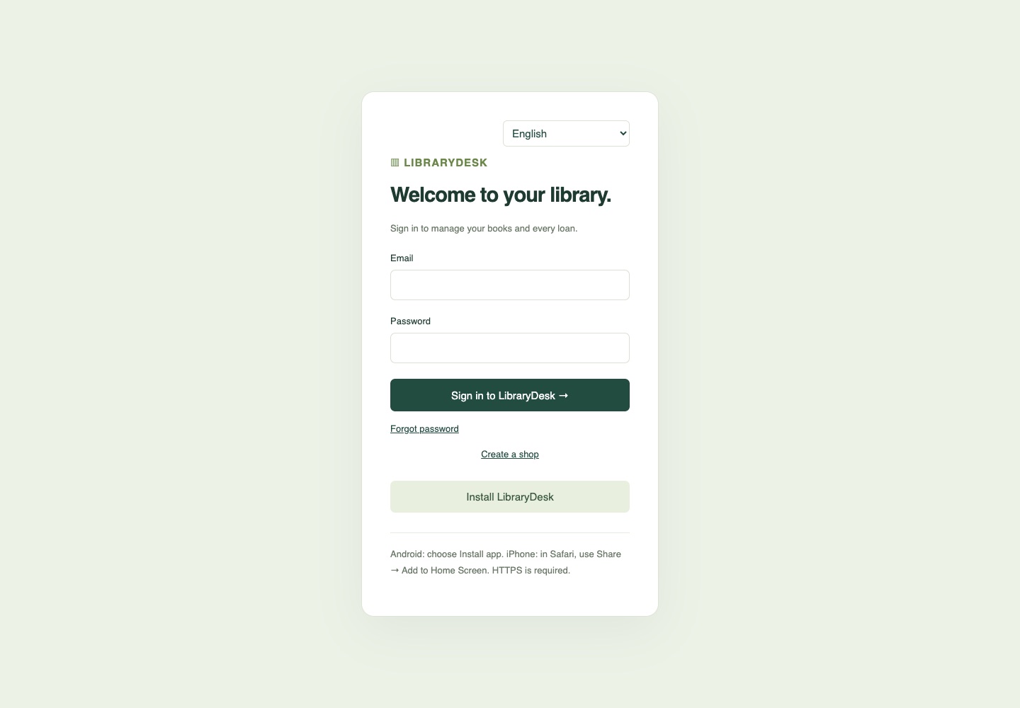 LibraryDesk web library sign-in page